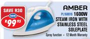 Amber 1600W Steam Iron with Stainless Steel Soleplate PL168B16