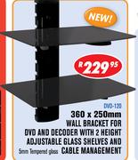 360x250mm Wall Bracket For DVD And Decoder With 2Height Adjustable Glass Shelves & Cable Management