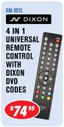 Dixon 4 In 1 Universal Remote Control With Dixon DVD Codes RM-301E