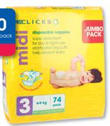 Clicks Disposable Nappies Jumbo Pack Mini 72,Midi 74,Maxi 66 Or Junior 56-Per Pack