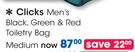 Clicks Men's Black, Green And Red Toiletry Bag Medium-Each