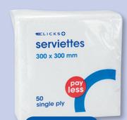 Clicks Single Ply 50 White Serviettes-Per pack