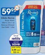 Clicks Revive Body Wash Men's 3-In-1 Or Rescue Shower Gel Refill-1L Each