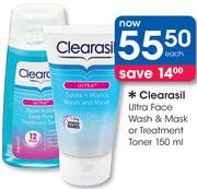 Clearasil Ultra Face Wash & Mask Or Treatment Toner-150ml Each