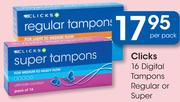 Clicks 16 Digital Tampons Regular Or Super-Per Pack