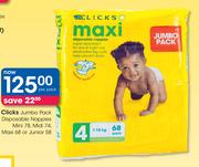 Clicks Jumbo Pack Disposable Nappies Mini-78/Midi-74/Maxi-68 Or Junior-58's Pack-Per Pack