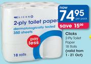 Clicks 2-Ply Toilet Paper 18 Rolls-Per Pack