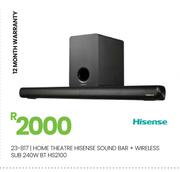 Hisense 240W BT Home Theatre Sound Bar + Wireless Sub HS2100 23-817