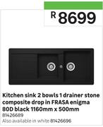 Frasa Kitchen Sink 2 Bowls 1 Drainer Stone Composite Drop In Enigma 80D Black 1160mm x 500mm 8142668