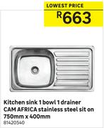 Cam Africa Stainless Steel Sit On Kichen Sink 1 Bowl 1 Drainer 750mm x 400mm 81420540