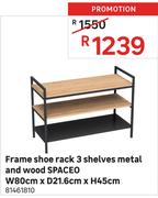Spaceo Frame Shoe Rack 3 Shelves Metal & Wood W80cm x D21.6cm x H45cm 81461810