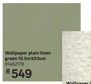 Wallpaper Plain Linen Green 10.5m x 53cm 81462179