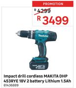 Makita Impact Drill Cordless HP 453RYE 18V 2 Battery Lithium 1.5Ah 81436889