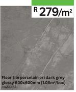 Floor Tile Porcelain Ori Dark Grey Glossy 600 x 600mm (1.08 Sqm/Box)-Per Sqm