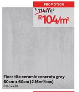 Floor Tile Ceramic Concrete Grey 60cm x 60cm (2.16 Sqm/Box)-Per Sqm