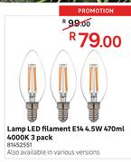Lamp LED Filament E14 4.5W 470ml 4000K 3 Pack