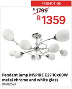 Inspire E27 10 x 60W Metal Chrome & White Glass Pendant Lamp