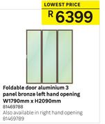 Foldable Door Aluminium 3 Panel Bronze Left Hnad Opening W1790mm x H2090mm
