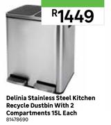 Delinia Stainless Steel Kitchen Recycle Dustbin With 2 Compartments 15L 81478690