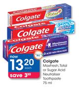 Colgate MaxFresh, Total or Sugar Acid Neutraliser Toothpaste-75ml-Each