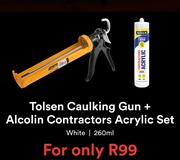 Tolsen Caulking Gun + Alcolin Contractors Acrylic Set (White) 260ml