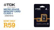 TDK Micro SD4GB Memory Card Class 4