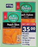 Rhodes Peach Slices/Halves In Syrup In Juice-For 2 x 410g