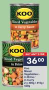 Koo Mixed Vegetables In Brine/In Curry-For 2 x 400g/410g/420g