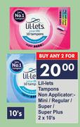 Lil-Lets Tampons Non Applicator Mini/Regular/Super/Super Plus-For 2 x 10's