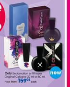Coty Exclamation Or Whisper Original Cologne-30ml Or 50ml Each
