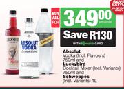 Absolut Vodka 750ml & Luckybird Cocktail Mixer 750ml & Schweppes 1L-All For