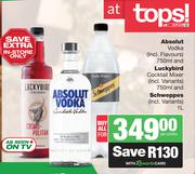 Absolut Vodka 750ml & Luckybird Cocktail Mixer 750ml & Schweppes 1L-Both For