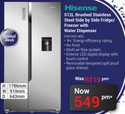 Hisense 512Ltr Brushed Stainless Steel Side By Side Fridge/Freezer With Water Dispenser H670SS-WD