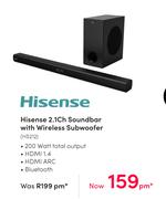 Hisense 2.1 CH Soundbar With Wireless Subwoofer HS212