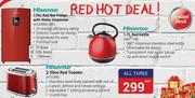 Hisense 176L Red Bar Fridge+Hisense 1.7L Red Kettle HKE17RE+Hisense 2 Slice Red Toaster HTA2RE
