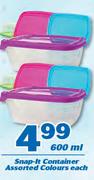 Snap-It Container Assorted Colours-600ml Each