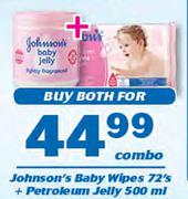 Johnson's Baby Wipes 72's+Petroleum Jelly 500ml Combo