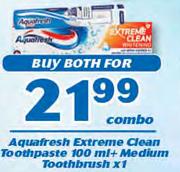 Aquafresh Extreme Clean Toothpaste 100ml+Medium Toothbrush x 1 Combo-For Both
