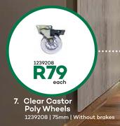 Clear Castor Poly Wheels 75mm (Without Brakes)-Each