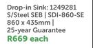 Kwikot Drop In Sink 1249281-860 x 435mm Each