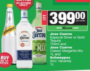 Jose Cuervo Especial Silver/Gold Tequila 750ml, Classic Margarita Mix 1Ltr & Schweppes 1Ltr-For All