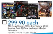 PS3 Lego Batman 2 ESS, Gran Turismo 5 ESS, Injustice GAU GOTY Or Uncharted 3 Drakes Deception
