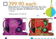 Boys/Girls 4-in-1 Exclusive Gift Pack Over Ear Inner Ear, Speaker & 2200Ah Power Bank-Each