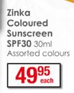 Zinka Coloured Sun Screen SPF30 Assorted Colours-30ml Each