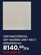 1GRYNMO20R02A Gry Morris Grey Rect 600 x 600mm-Each