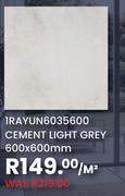 Cement Light Grey 600 x 600mm 1RAYUN6035600-Per Sqm