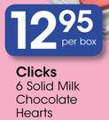 Clicks 6 Solid Milk Chocolate Hearts-Per Box