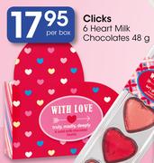 Clicks 6 Heart Milk Chocolates-48g Per Box