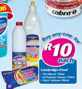 Cambridge Food Thin Bleach-750ml/All Purpose Cleaner-750ml/Fabric Softener-500ml Each