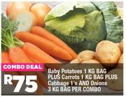 Baby Potatoes 1Kg Bag Plus Carrots 1Kg Bag Plus Cabbage 1's & Onions 3Kg Bag-Per Combo